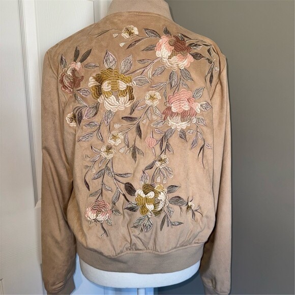 bagatelle Jackets & Blazers - Bagatelle Bomber Jacket Womens Size L Tan Floral Embroidered Full Zip Boho